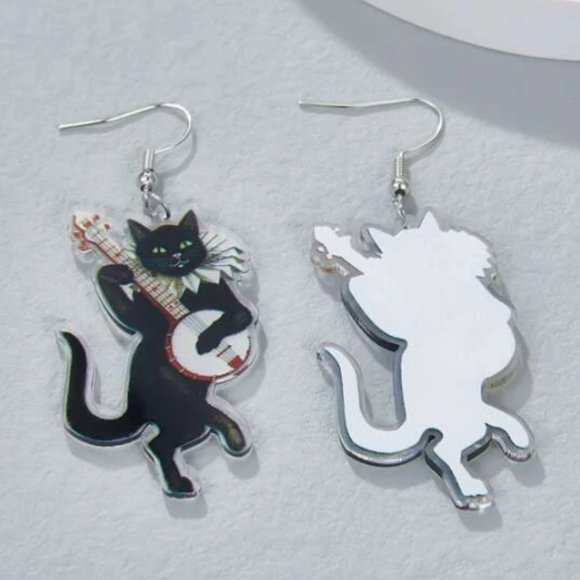 🧿 2 for $25 🧿 Black Cat Musician Acrylic Dangle Earrings - Picture 3 of 6